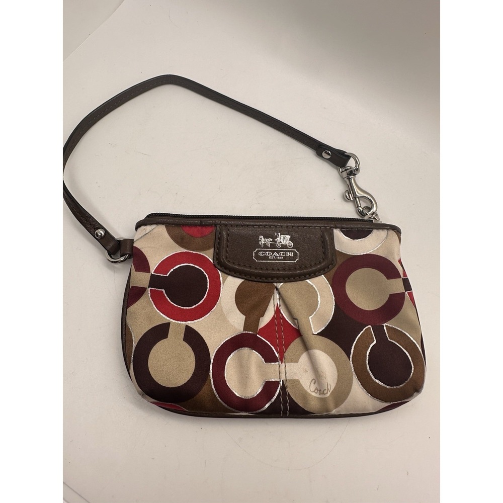 COACH Multi‎ Color Op Art Signature Satin Wristlet Brown Red Tan Zip Bag